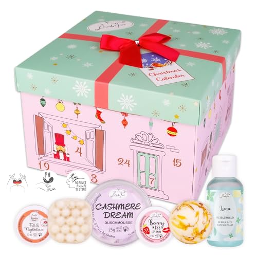 Calendario de Adviento BadeFee 'Cascanueces' 2025 con 24 productos cosméticos: espuma de ducha, crema desodorante y crema de manos. Sin parabenos ni siliconas. Hecho a mano en Alemania.