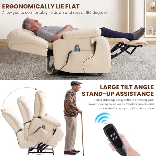 Image of Dual Motor Power Lift Recliner Chair, PU Leather Lay Flat Lift Chair for Elderly with Massage & Lumbar Heating, Extended Footrest, USB Charging, Remote Control, Removable Lumbar Pillow, Biege