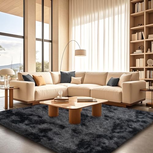 Large Fluffy Rugs for Living Room 8x10 ft - Ultra Soft Faux Fur Area Rug - Plush Non-Slip Shag Shaggy Carpet for Bedroom Kids Boys Girls Dorm Nursery Room - Tie-Dyed Black