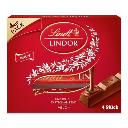 Lindt Schokolade | LINDOR Milch Sticks | 100g | 4 Schokoladen-Sticks aus Vollmilch-Schokolade mit zartschmelzender Füllung | Schokoladen-Stick