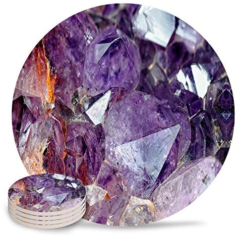 Drink Coasters Absorbent Natural Ceramic Stone Bar Coasters Set of 4 - Purple Diamonds Amethyst Cup Mat with Cork Backing, Housewarming Gifts for Home Kitchen Decorations Cover
