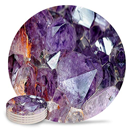 Drink Coasters Absorbent Natural Ceramic Stone Bar Coasters Set of 4 - Purple Diamonds Amethyst Cup Mat with Cork Backing, Housewarming Gifts for Home Kitchen Decorations