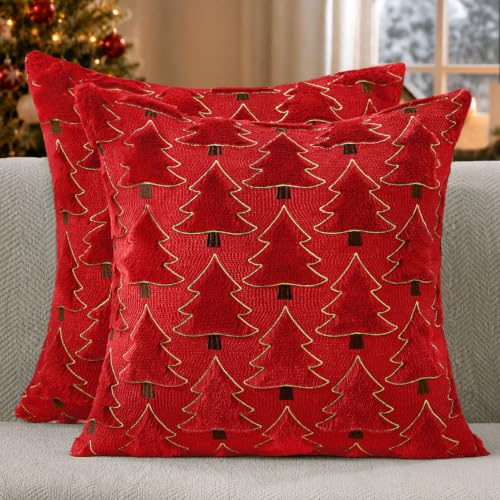 Image of Allorry Christmas Pillow Covers 18x18 inch Set of 2 Christmas Decorations Soft Plush Faux Fur Wool Red Christmas Tree Throw Pillow Cases Winter Holiday Decor for Sofa Living Room PT012B18