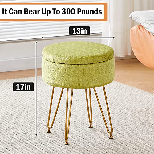 Cpintltr Velvet Storage Ottoman Round Footrest Stool Multifunctional Upholstered Ottoman Modern Accent Vanity Stools Tray Top Coffee Table Suitable For Living Room Bedroom Entryway Macha Green #TOP1