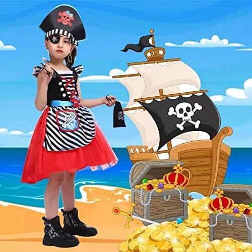 Girl's Pirate Costume Dress，Buccaneer Princess Dress With Sword,Eye-Patch,Coins,Jewels,Earring 5-6years - Image 3
