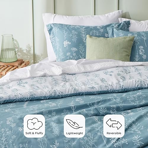 Image of Bedsure Full Comforter Set - Mineral Blue Bed Set, 3 Pieces Cute Floral Bedding, 1 Soft Reversible Botanical Flowers Comforter and 2 Pillow Shams