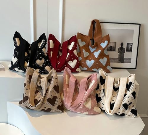Image of Summer Crochet Bags for Women Knitted Beach Tote Bag Cute Heart Pattern Shoulder Handbags and Purse