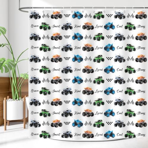 Image of Kids Monster Truck Shower Curtain Cool Boys Cartoon Cars Inspirational Motivational Words Blue Green Orange Bathroom Decor Waterproof Fabric 72Lx72W inch with 12PCS Hooks