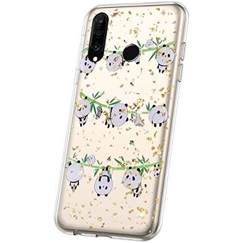 JAWSEU Case Compatible with Huawei P30 Lite, Bling Glitter Pattern Transparent Soft TPU Silicone Gel Rubber Bumper Case Ultra Thin Sparkle Crystal Clear Slim Fit Shockproof Cover,Panda