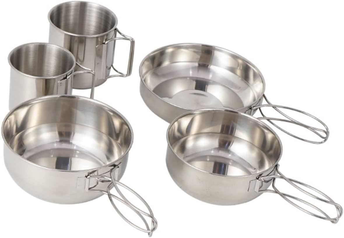 Toyvian 5pcs Camping Tableware Set Stainless Steel Cookware Bowls Cups for Outdoor Cooking Hiking BBQ and Picnics and Easy to Store