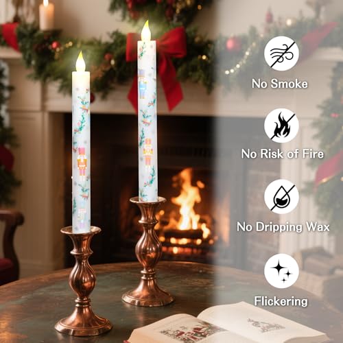 Image of Crystal Club Christmas Nutcracker Flameless Taper Candles with Remote & Timer, Battery Operated Taper Candles, Candy Colored Decal Real Wax Flickering LED Candlesticks for Holiday Christmas Home Decor
