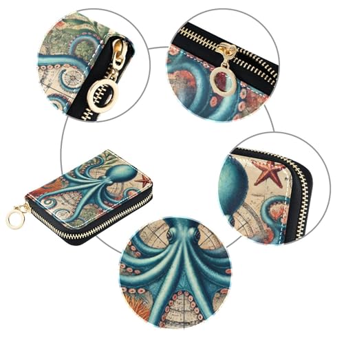 GAIGEO Credit Card Holder RFID Blocking Wallets for Women Small Zip Around Zipper Coin Purse with Key Ring Blue Octopus Sea Art4