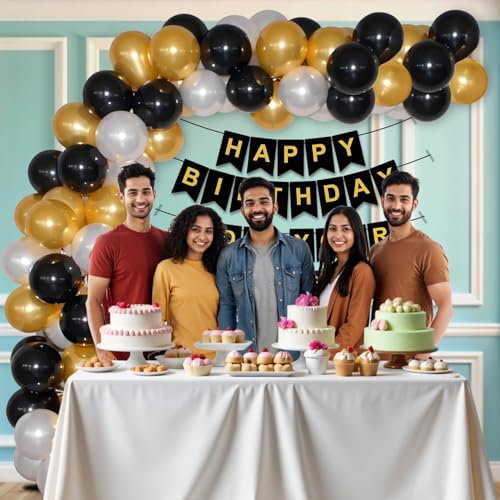 Image of Party Propz Latex, Cradstock Happy Birthday Banner - 115 Pcs Birthday Kit For Decoration, Balloons, Customized Birthday Banner With Name & Balloon Arch (Black, Gold, White)