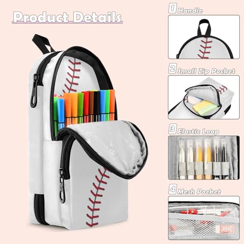 Image of ZAZYXTJ Baseball Texture Standing Large Capacity Pencil Case 3 Compartment Pen Pouch Storage Canvas Makeup Bag for School Office Teen Girl Boy Men Women