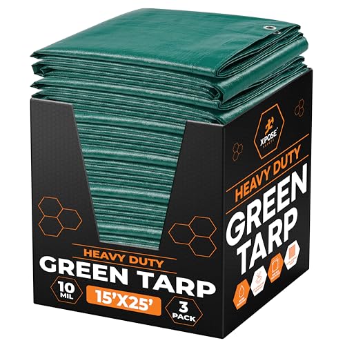 Image of Heavy Duty Poly Tarp - 15' x 25' Bulk (3-Pack) - 10Mil Thick Waterproof, UV Blocking Protective Cover - Reversible Green and Black - Laminated Coating - Grommets - by Xpose Safety