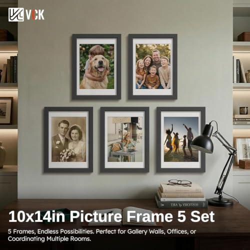 Image of VCK 10x14 Frame 5 Pack, Black Wood, 8.5x11 Mat, Glass, for Picture Prints