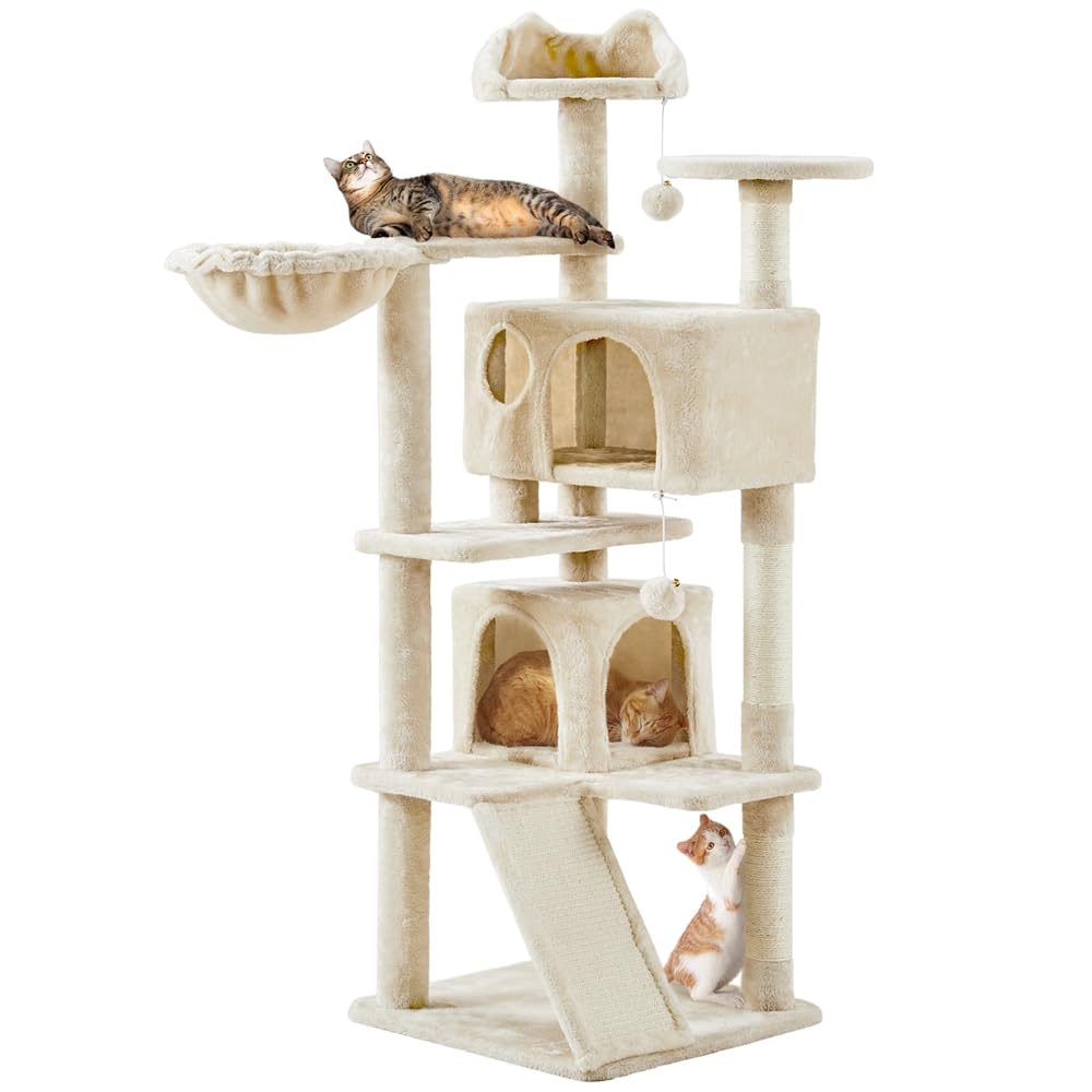 Yaheetech Kratzbaum 145 cm Kletterbaum mit 2 Katzenhöhlen 3 Aussichtsplattformen Katzenkratzbaum Spielsisal Katzenmöbel, Beige