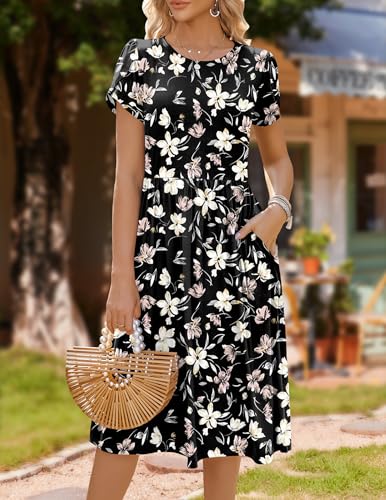 Image of HOTOUCH Women's Summer A-Line Midi Dresses 2026 Casual Floral Short Sleeve T-Shirt Dress Flowy Beach Sundress with Pockets