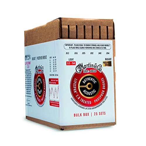 Martin Authentic Acoustic® Lifespan® 2.0 Guitar Strings – Phosphor Bronze, Light Gauge, Bulk Box (25 Sets) | Bulk Box for Acoustic Guitar Players, Techs & Repair Shops