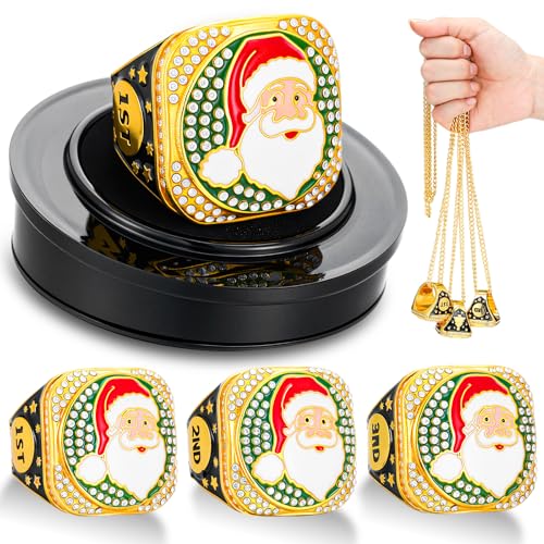 Highergo 3 Pcs Santa Claus Championship Trophy Rings Santa Award 1st 2nd 3rd Place Holiday Competition Prize with Display Neck Chain and Stand for Xmas Christmas Party Competition Gift