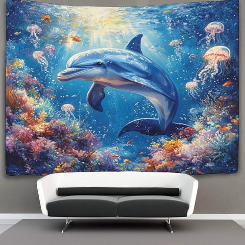 Tapisserie dauphins 3D deco murale tissu masquer mur abime chambre