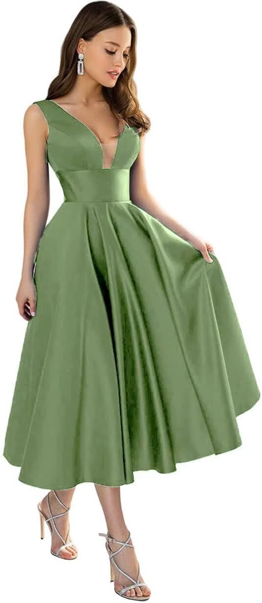 YUAOHUANG Satin Tea Length Formal Dresses for Women Satin Corset Bridesmaid Prom Dress with Pockets V Neck Evening Gown