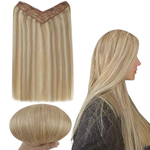 RUNATURE Clip in Blonde Highlight 10 Inches Color 16P24 Golden Blonde Highlighted with Light Blonde V Shaped Clip Extensions One Piece 70g