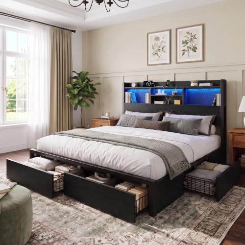 Belffin Queen Bed Frame with 6 Storage Drawers and Carving Headboard