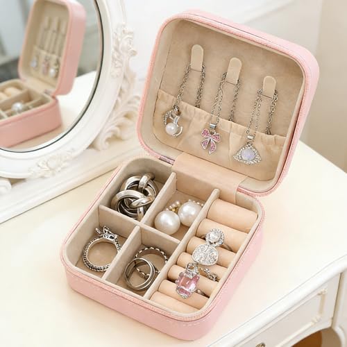 Joyero de viaje rosa claro, organizador de grano cruzado para anillos, aretes, collares, estuche de almacenamiento portátil para mujer (paquete de 1)