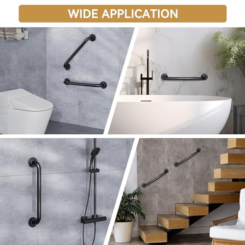 Image of AmazerBath Shower Grab Bars for Seniors Anti Slip, Bath Safety Grab Bar for Needy, Stainless Steel Bathroom Safety Grab Bars, Thickened Bar Bigger Base Holds 500LBS, 16 inch L x 1 inch D, Black