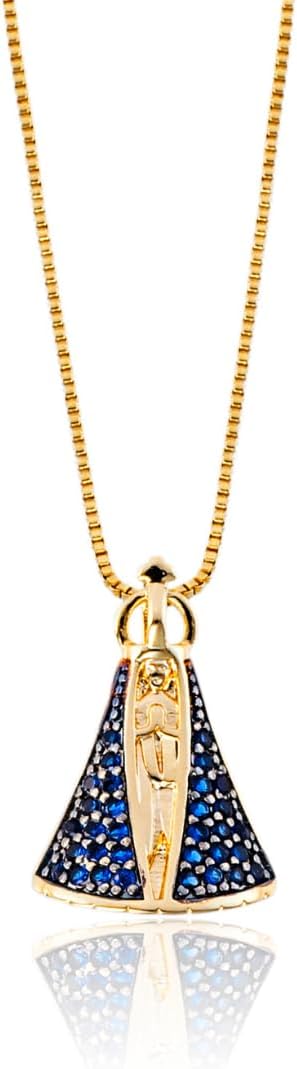 Colar Nossa Senhora Aparecida Zircônia Azul Banhado à Ouro