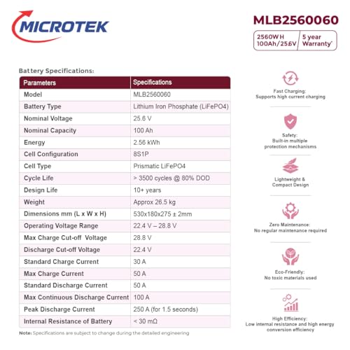 Image of Microtek 100Ah 25.6V LiFePO4 Lithium Inverter Battery | 2.56kWh Solar Battery for Home, UPS & Power Backup | Long Life 3500 Cycles, Fast Charging, Maintenance Free, 3 Year Warranty