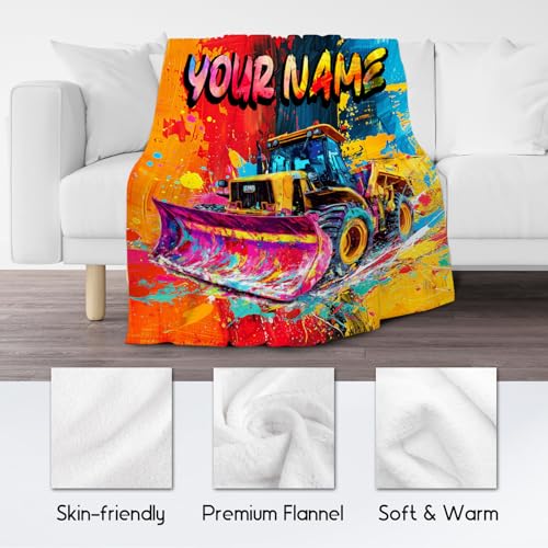 Custom Blanket for Boys - Personalized Bulldozer Gifts for Teens - Cool Cozy Fleece Throws for Office, Sofa - 4 Sizes