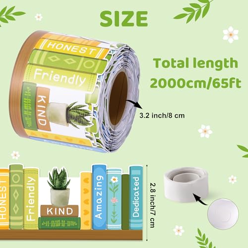 Image of BeYumi Plant Bookshelf Border Trim - 65ft Back to School Green Plant Inspirational Books Rolled Border Trim Motivational Potted Plants Bookshelf Bulletin Board Library Classroom Office Home Wall Decor