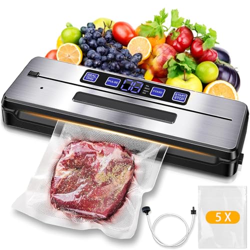 7-in-1 Powerful Food Vacuum Sealer Machine with Double Heat Seal, Built-in Cutter & External Hose, Compact Vacuum Packing Machine for Meat, Vegetables & Sous Vide, Dry & Moist Modes, Includes Bag
