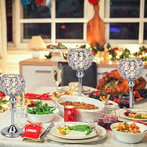 Silver Crystal Beaded Candle Holders Set Of 2 Bling Tea Lights Candle Holder Candle Stick Holder Dining Table Centerpiece Table Decorations Living Room Fireplace Mantle Home Decor (Silver, 2Pcs 10") #TOP3