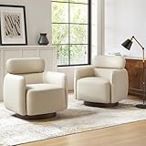 HULALA HOME Genuine Leather Swivel Chairs Set of 2 with Adjustable Headrest, Swivel Barrel Rocker Recliners, Modern Accent Chairs for Bedroom Living Room,White