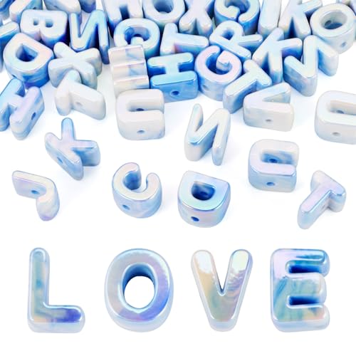 Elecrelive 40Pcs Blue Lacing Letters Beads Iridescent Large Alphabet Beads A-Z Letter Keychain Charms for Jewelry Bracelets Necklaces Arts Crafts