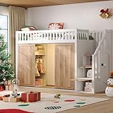 Luxeza Lettino per bambini (90 x 200 cm), letto a soppalco, multifunzionale con armadio e ...