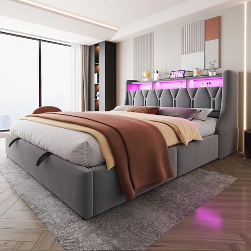 YuQozii Funda de terciopelo, cama acolchada de 180 x 200 cm, cama de almacenamiento hidráulico, cabecero acolchado plegable con espacio de almacenamiento, enchufes y estantes, patas de cama
