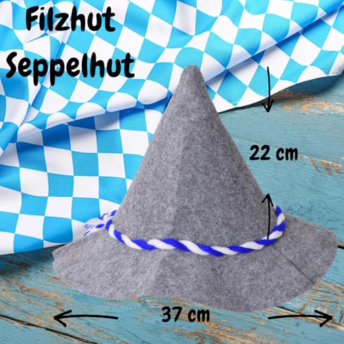TE-Trend Seppelhut Filzhut Trachtenhut - Blau-Weiße Kordel, Ideal für Oktoberfest, Volksfeste, Wiesn, Hüttengaudi, Traditionelles Herren Outfit grau