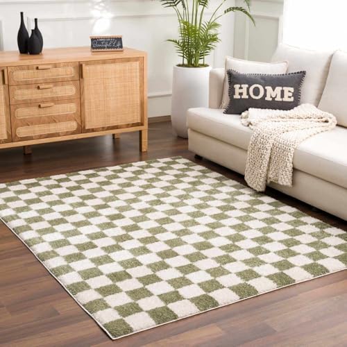 Image of Hauteloom Altair Modern Checkered High Pile Area Rug - Contemporary Geometric Carpet for Living Room, Bedroom - Machine Washable Area Rug - Off-White, Dark Green - 7'10 inch x 10'
