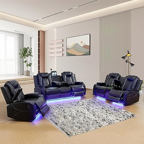 A Ainehome Luxury Living Room Furniture Sets Power Recliner Sectional Sofa Recliner Couch Set Leather Couch and Reclining Sofa Set Loveseat Chair for House/Office(A-Black)