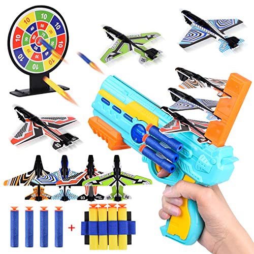 Herefun Aviones de Juguete para Niños, Modelo de avión de Espuma, Juguete de Avión de Catapulta con 8 Avión de Espuma, Juego de Disparos Juguete de avión para Niños Regalo (Azul) Cover