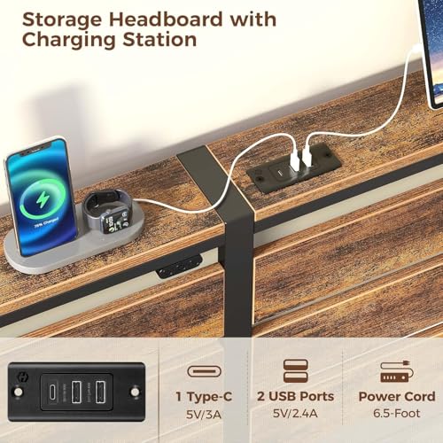 Image of Rolanstar Bed Frame Twin Size with USB Charging Station, LED Bed Frame with Wood Storage Headboard, Rustic Brown Metal Platform Bed with Under Bed Storage, No Box Spring Needed, Noise Free