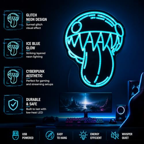 Image of Glitch Monster WAA Neon Sign, Ice Blue, LED 16 x 12.5 Inch | Tongue-Out Creature Wall Art, Digital Circus Style Character,, Bedroom Streamer Setup Decor