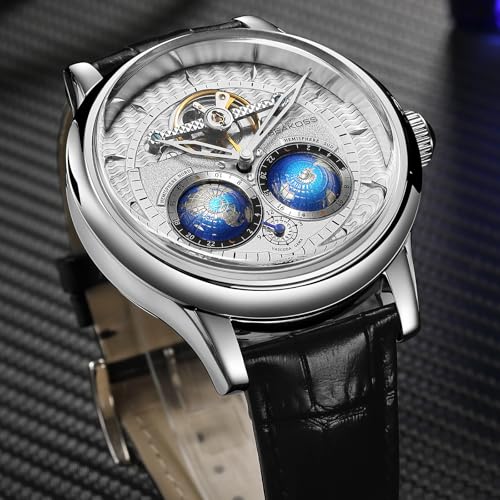 Image of SEAKOSS Watches for Men Automatic Mechanical Luxury Flywheel Watch 3D Double Globe Stainless Steel Case Men Wrist Watch