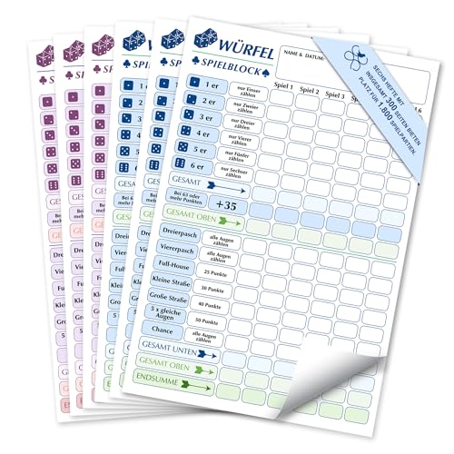 6 x Würfelspiel Block DIN A6 300 Blatt 120gsm Papier insgesamt für 1800 Spiele Würfelspiel Block Ersatzblöcke gut lesbar und übersichtlich gestaltet Würfel Spiel Set für Familien Spielabende