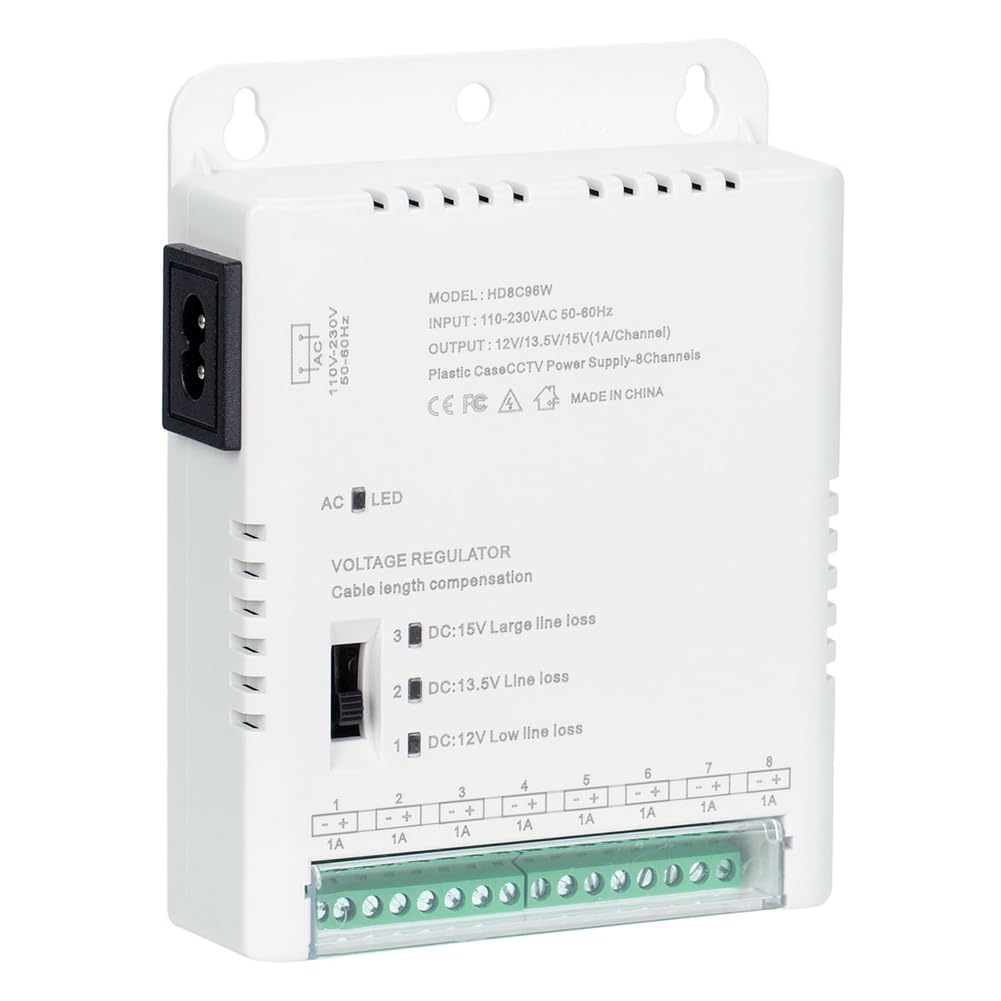 CCTV Camera Power Supply Distribution Power Supply 90V-264VAC Input to 12V-13.8-15VDC Output 8 Channel, HD8C96W