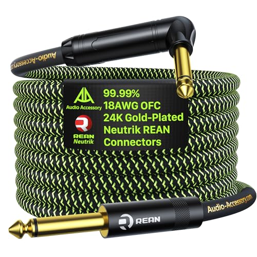 Pro Bass Guitar Cable 10ft Right Angle, Gold-Plated Neutrik REAN Connector, 99.99% 18AWG OFC, Kevlar-Reinforced 1/4 Inch Instrument Cable for Fender Combo Amp Rumble Frontman Mustang Marshall Spark